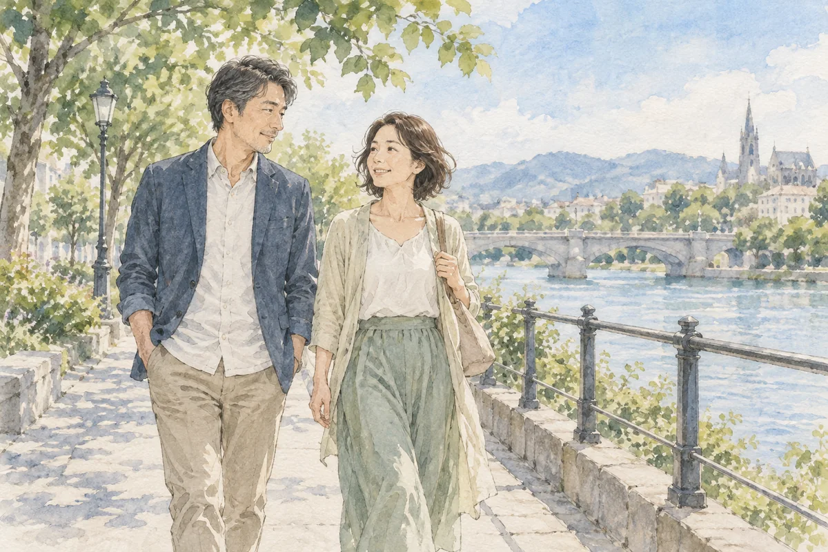 互いの希望を大切にして川沿いを歩くカップル