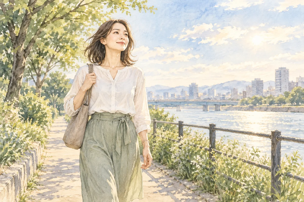 自分の未来を大切にしながら明るい道を歩く女性