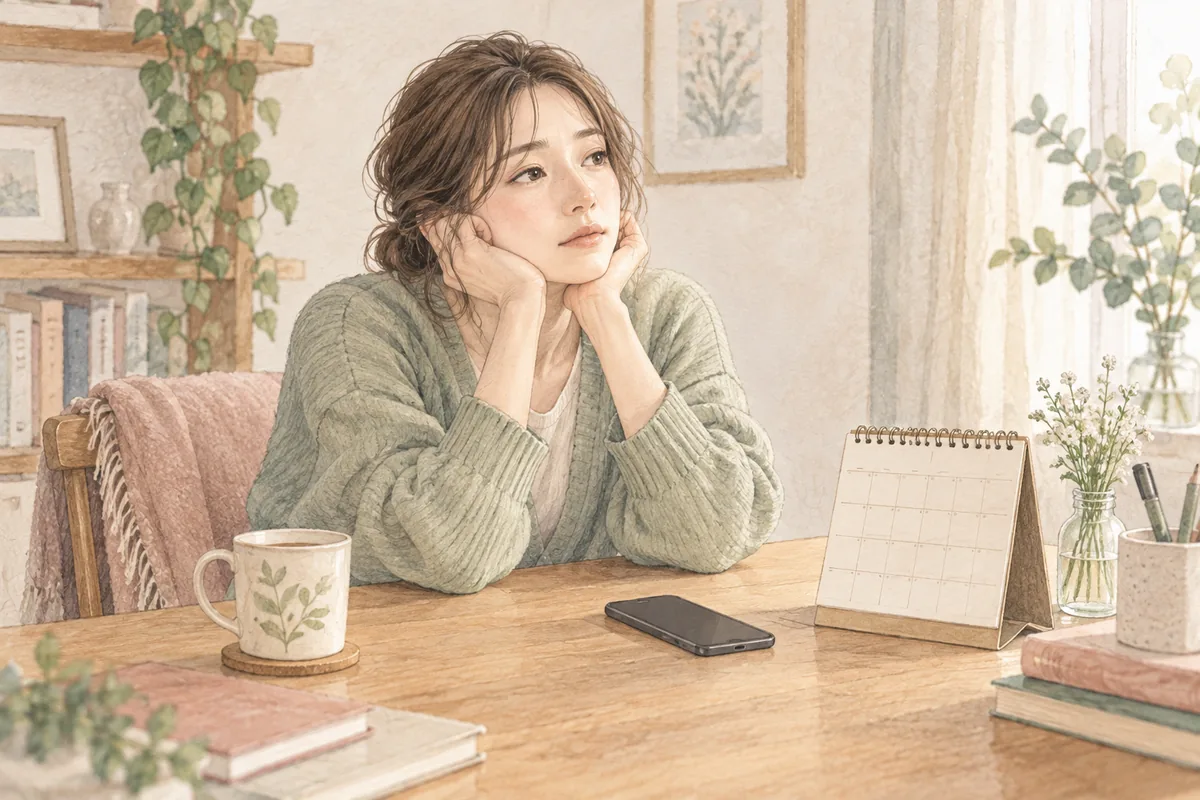結婚の返事を待つ負担を、机の前で静かに振り返る女性
