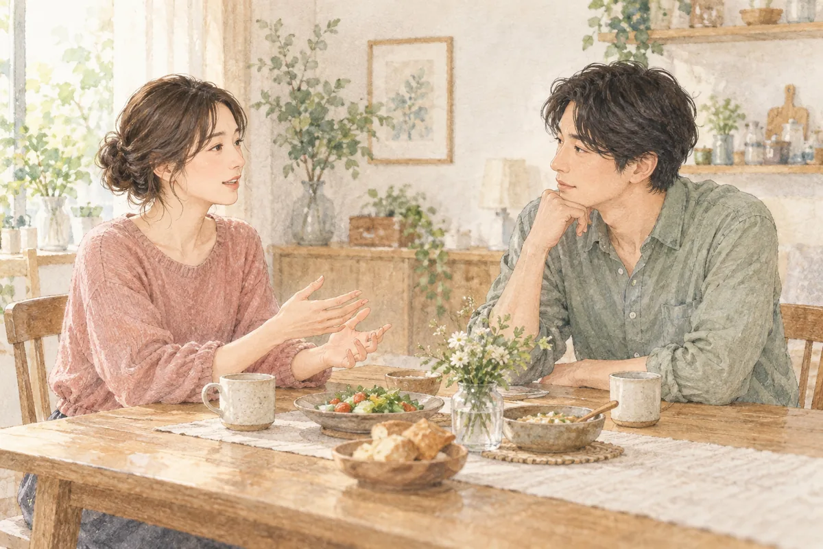 将来について穏やかに話す女性と、その話を聞く恋人