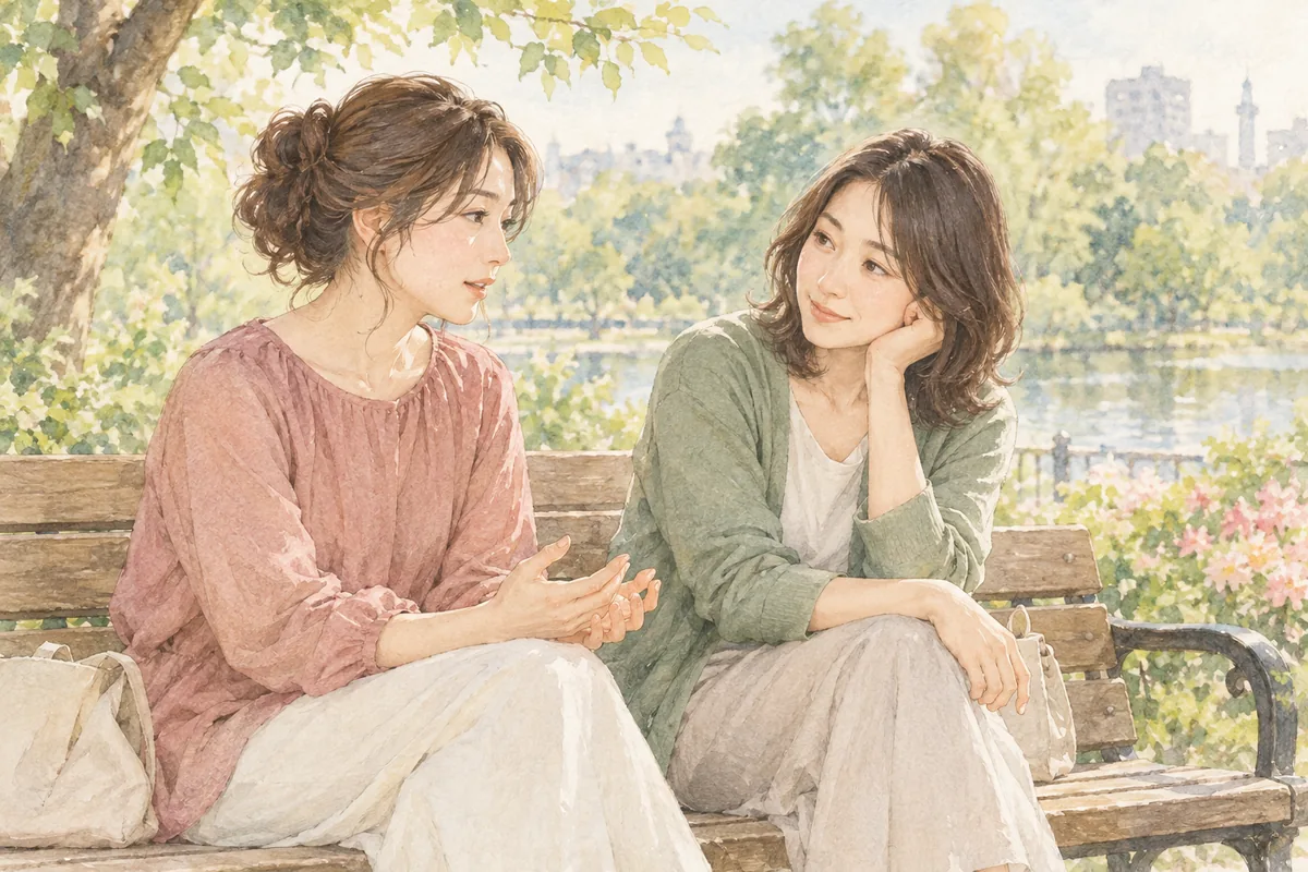 将来への迷いを、信頼できる友人に落ち着いて話す女性