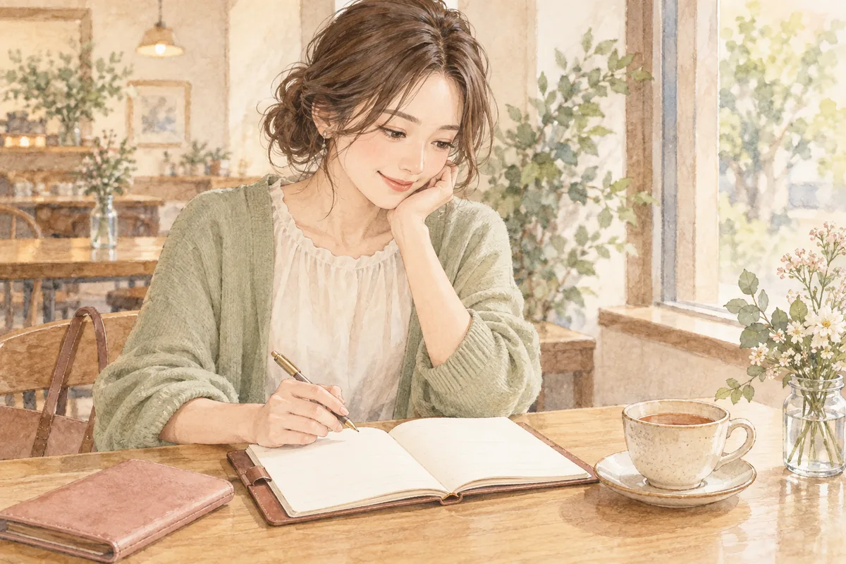 カフェで手帳を開き、待つ条件と自分の生活の予定を見直す女性