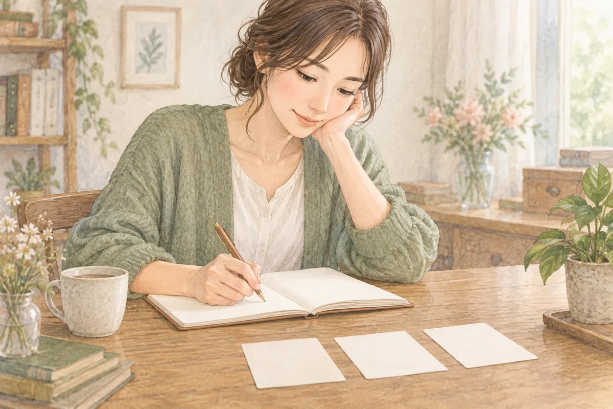 ノートとカードを使って自分の将来の希望を整理する女性