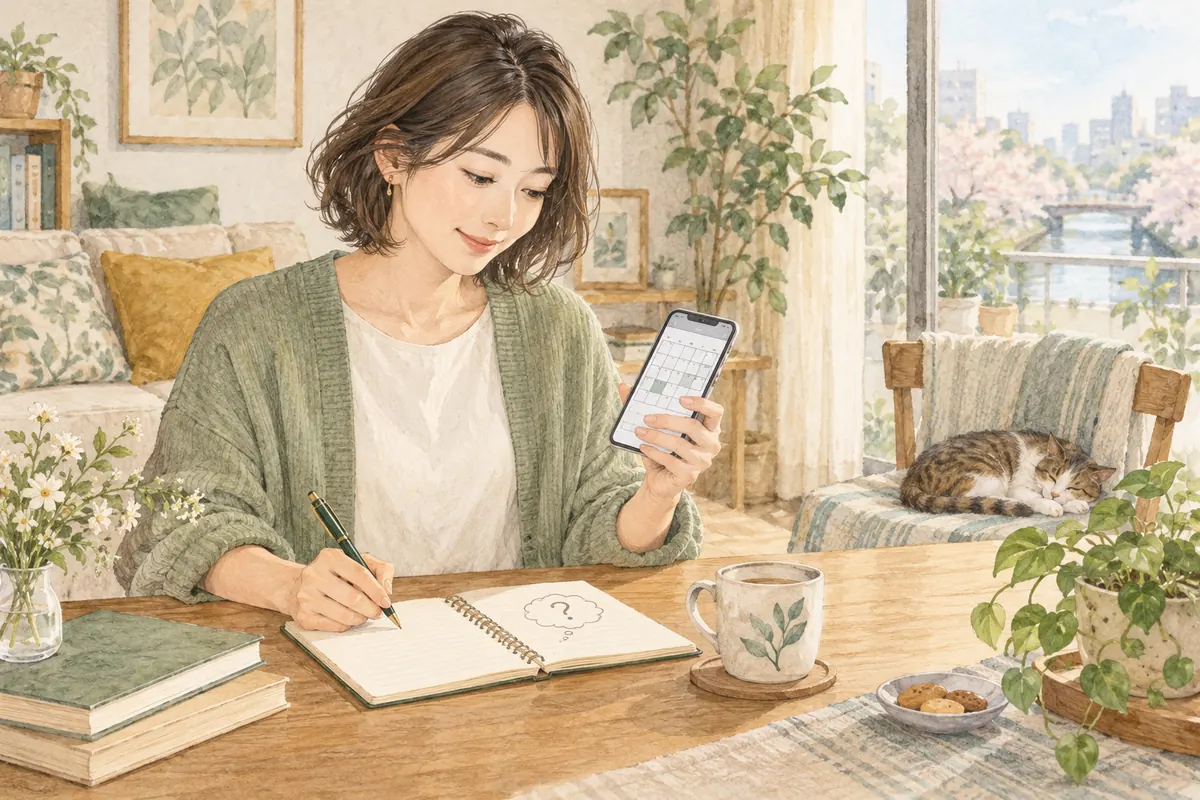 予約カレンダーを見ながら相談したい質問をメモする女性