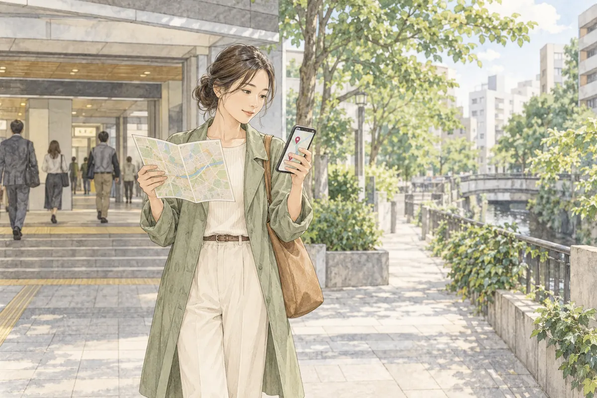 駅で地図とスマートフォンを見比べて相談先への道を確認する女性