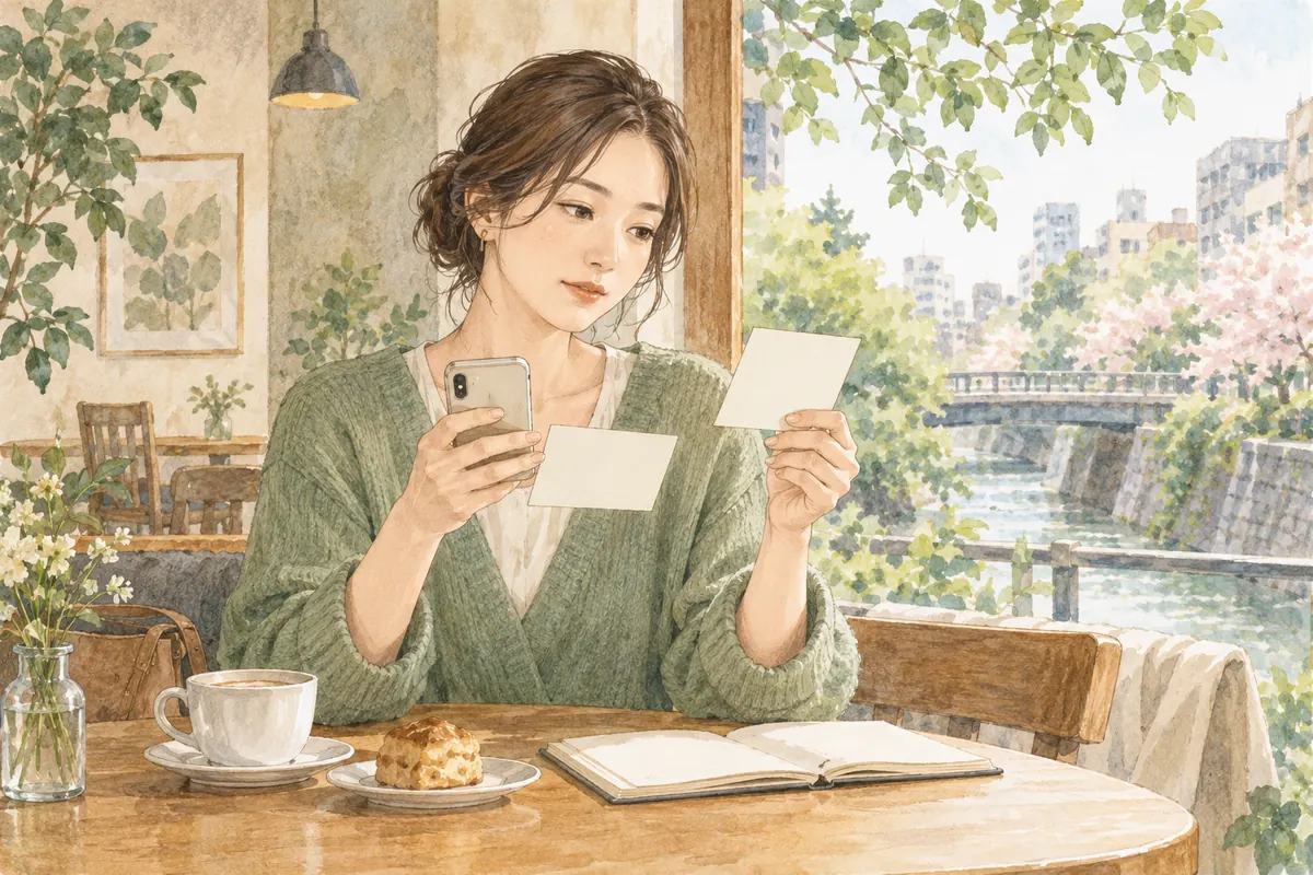 店舗の所在地や予約情報を複数の案内で確認する女性