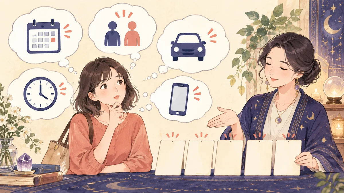 予約や同行やアクセスについて占い師に質問する女性のイラスト