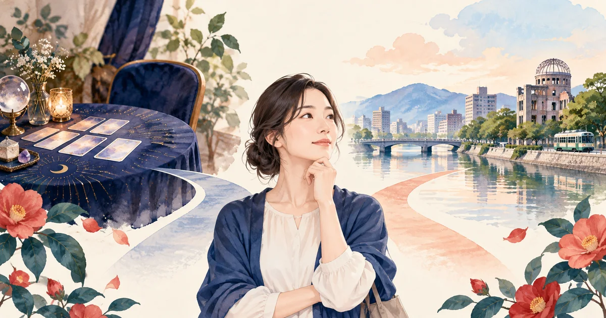 広島の街と占いの選択肢を前に相談先を考える女性のイラスト