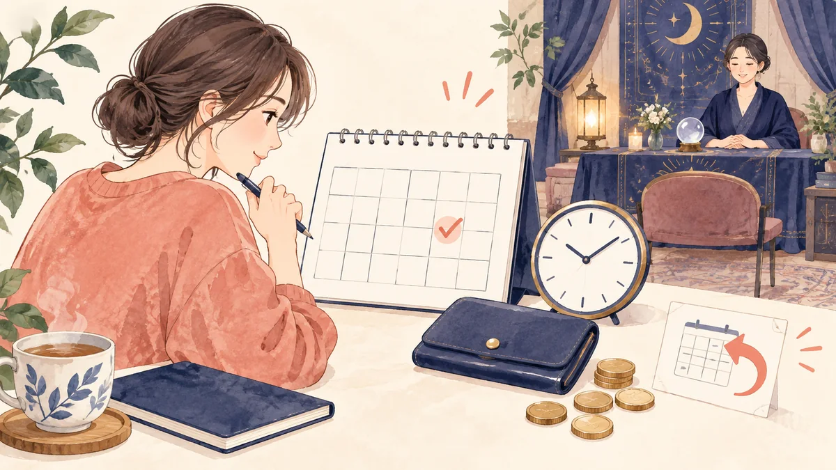 料金と予約日時とキャンセル方法を事前に整理する女性のイラスト