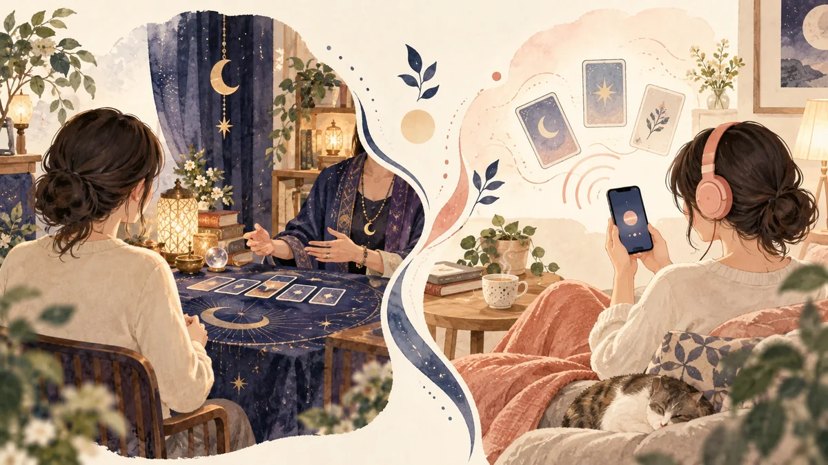 店舗での対面占いと自宅からの電話占いを比較するイラスト