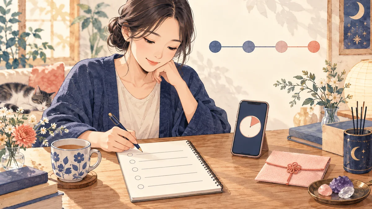 初回鑑定に向けて質問と時間と予算を整理する女性のイラスト