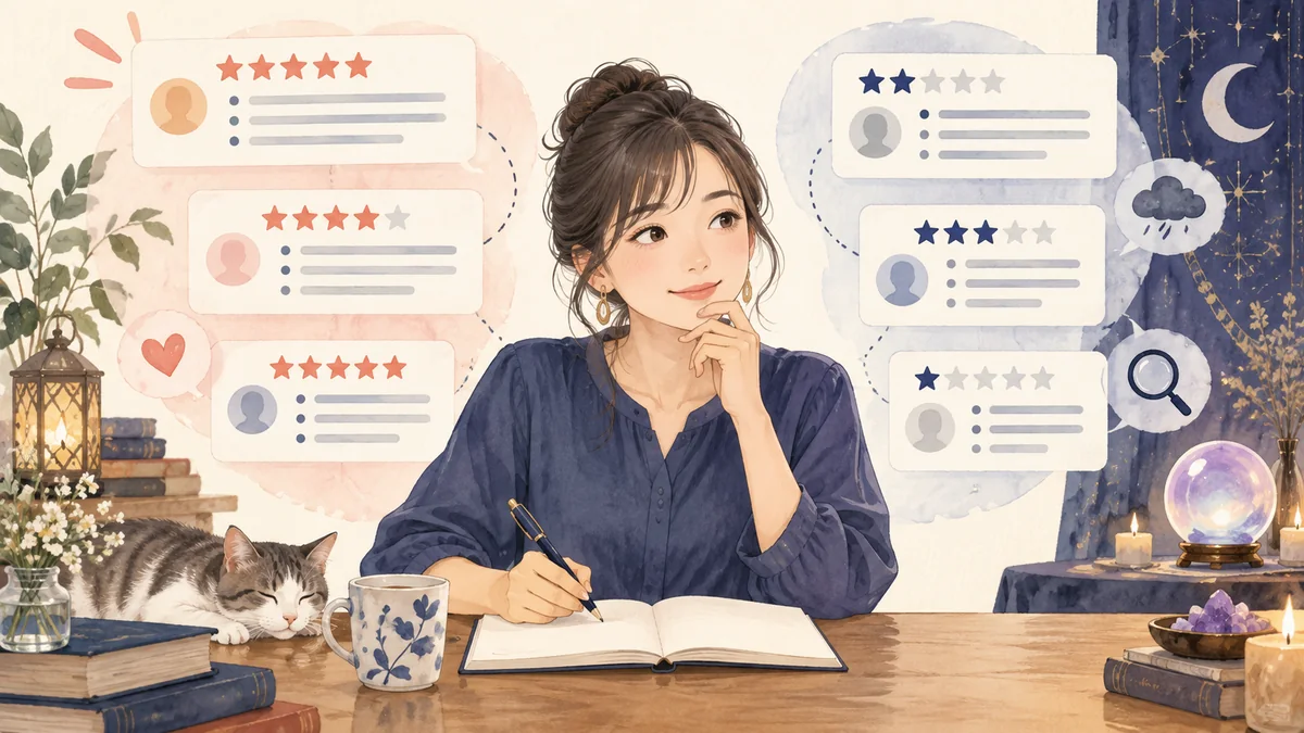 複数の口コミを比較し共通点をメモする女性のイラスト
