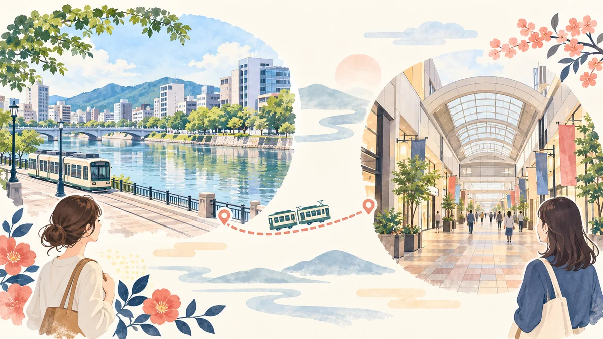 広島市中心部と福山駅周辺の2つの店舗エリアを比べるイラスト