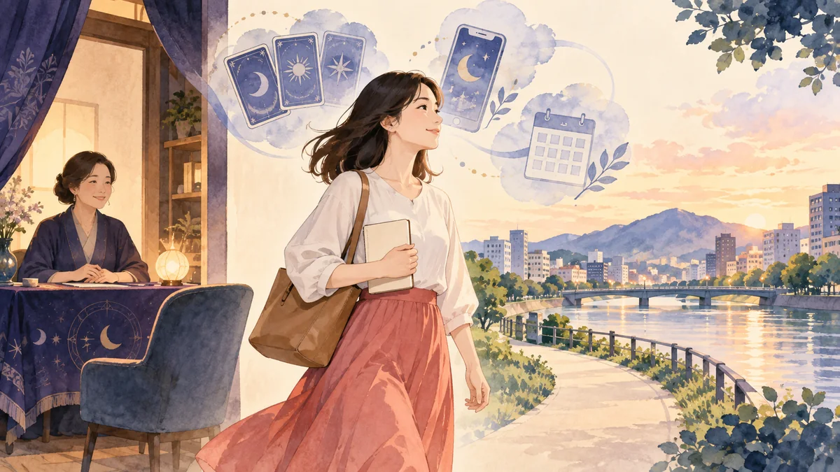 鑑定後にメモを持って広島の街へ歩き出す女性のイラスト