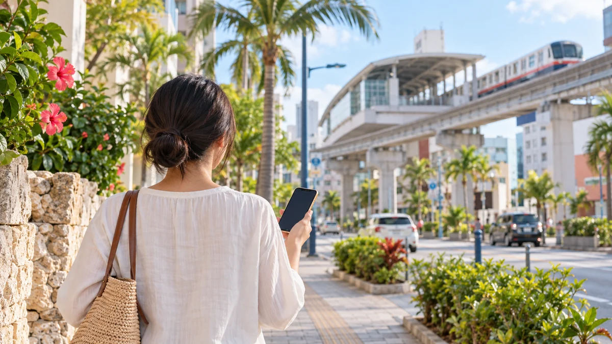 ゆいレールの駅が見える那覇の街をスマートフォンで確認しながら歩く女性