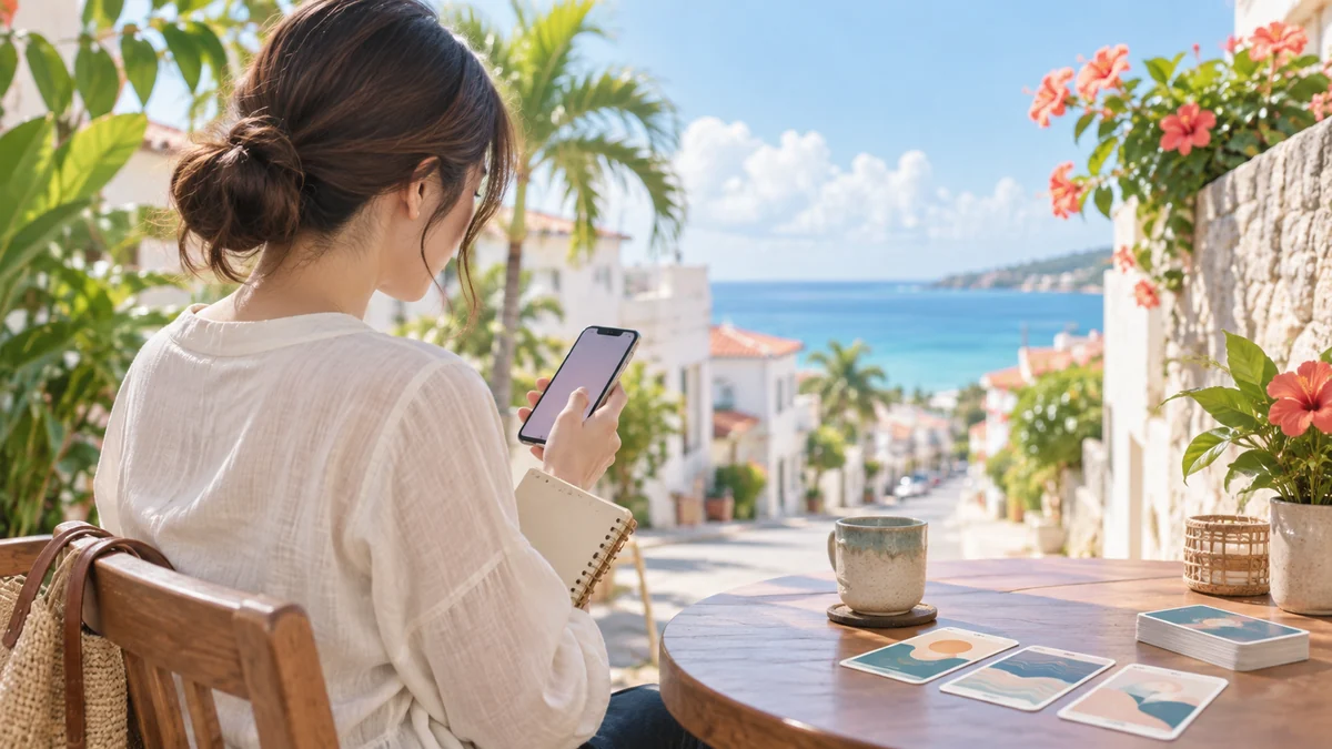 沖縄で占いの予約をスマートフォンから確認する女性