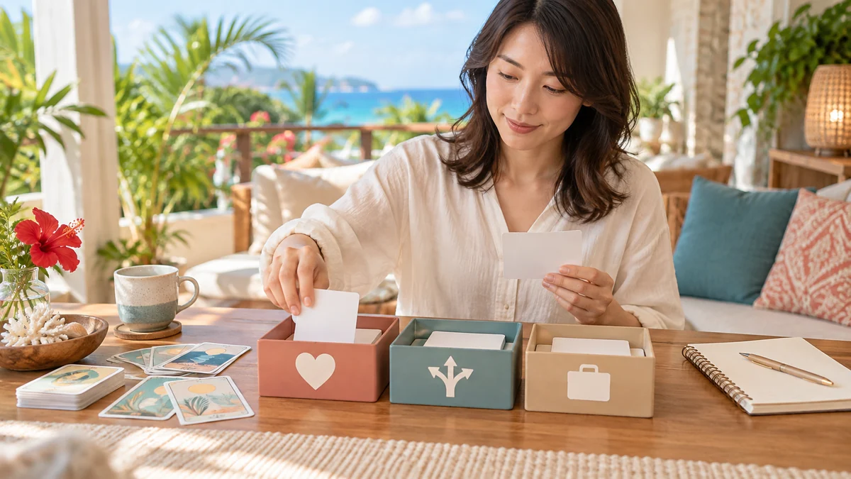 相談テーマごとの箱にカードを分けて占い師選びを整理する女性