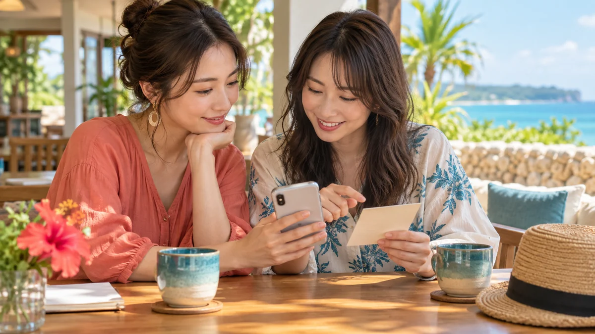 沖縄のカフェでスマートフォンの口コミ情報を確認する二人の女性
