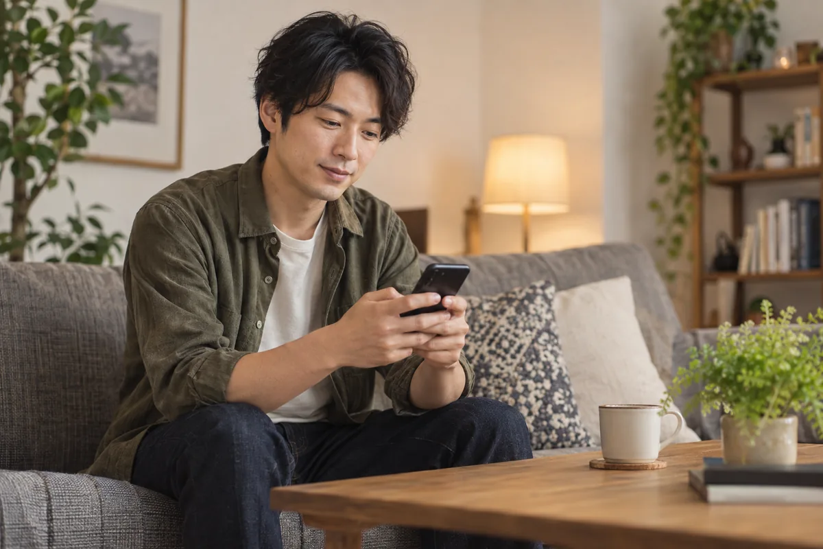 スマートフォンで短いメッセージを考える男性