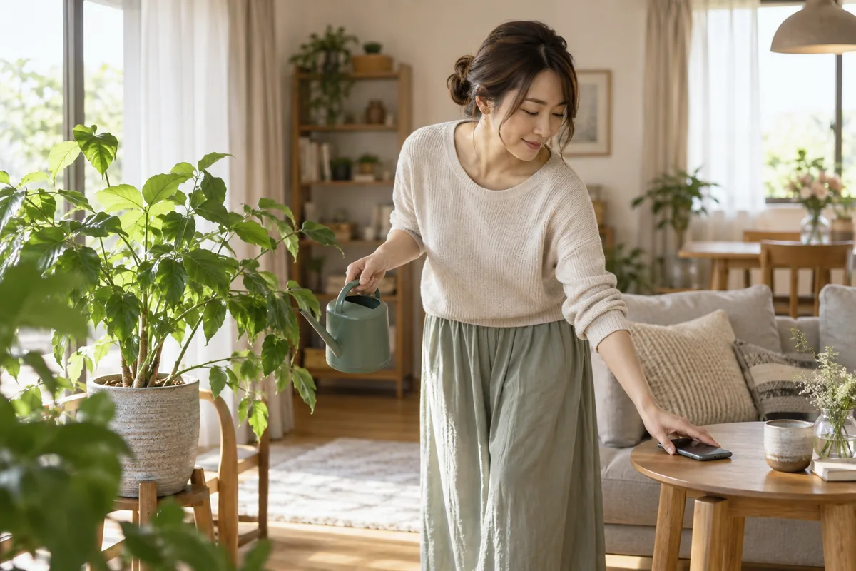 スマートフォンを置いて植物の世話をする女性