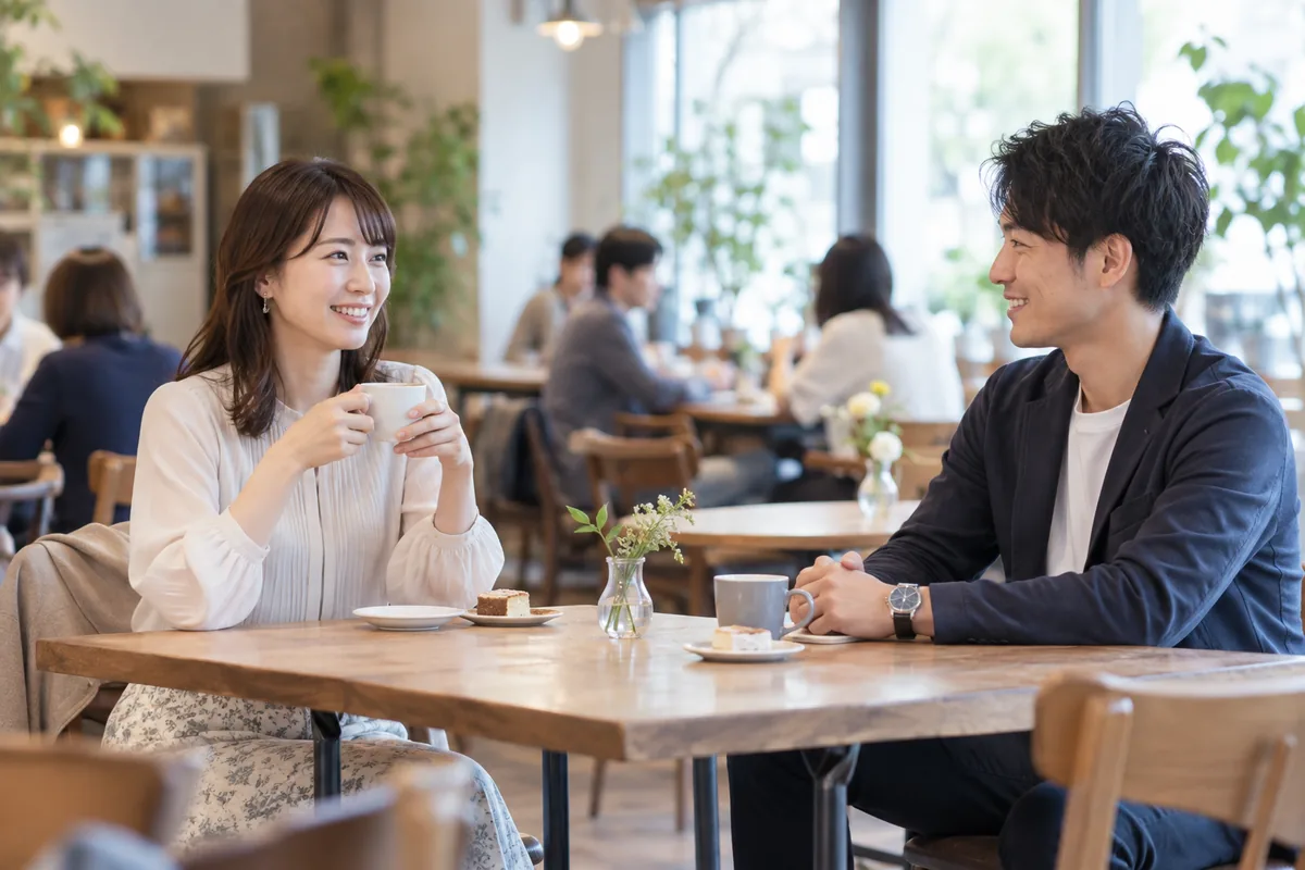 公共のカフェで向かい合って会話をする大人の男女