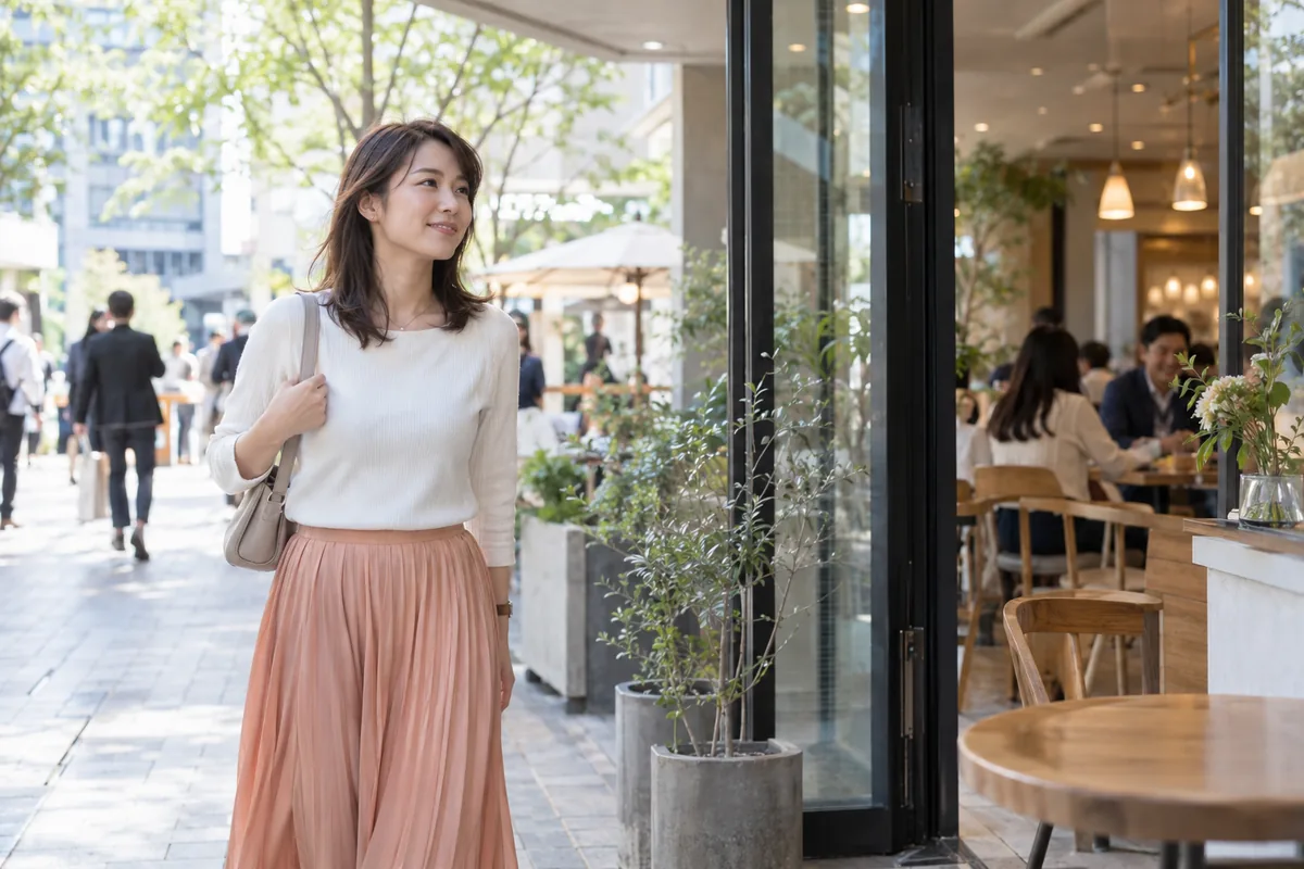 公共の広場にある明るいカフェへ自分で向かう女性
