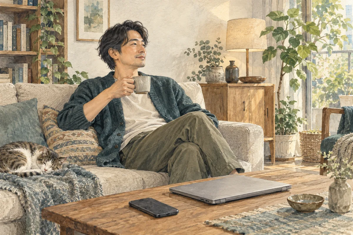 スマートフォンを伏せ、温かい飲み物とともに休む男性