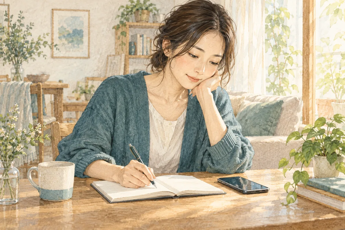 スマートフォンを脇に置き、出来事をノートに整理する女性