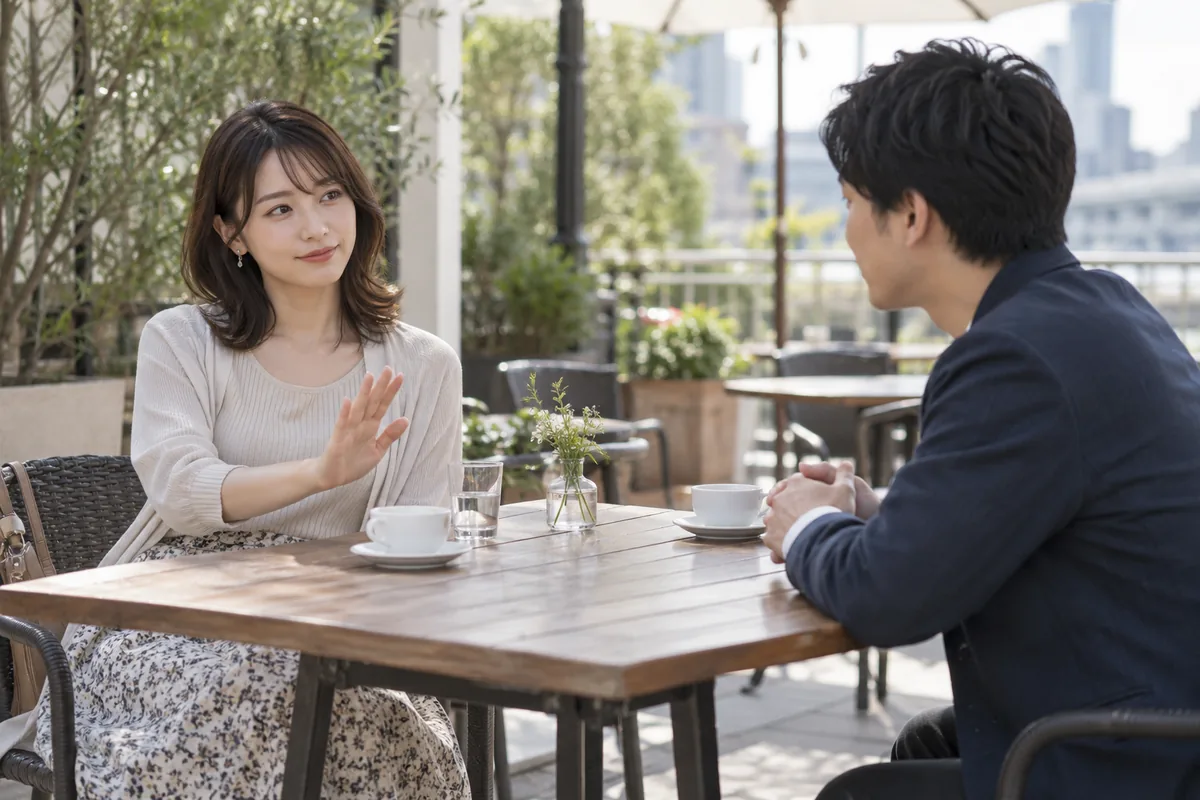 無理な誘いを穏やかに断る女性と話を聞く男性