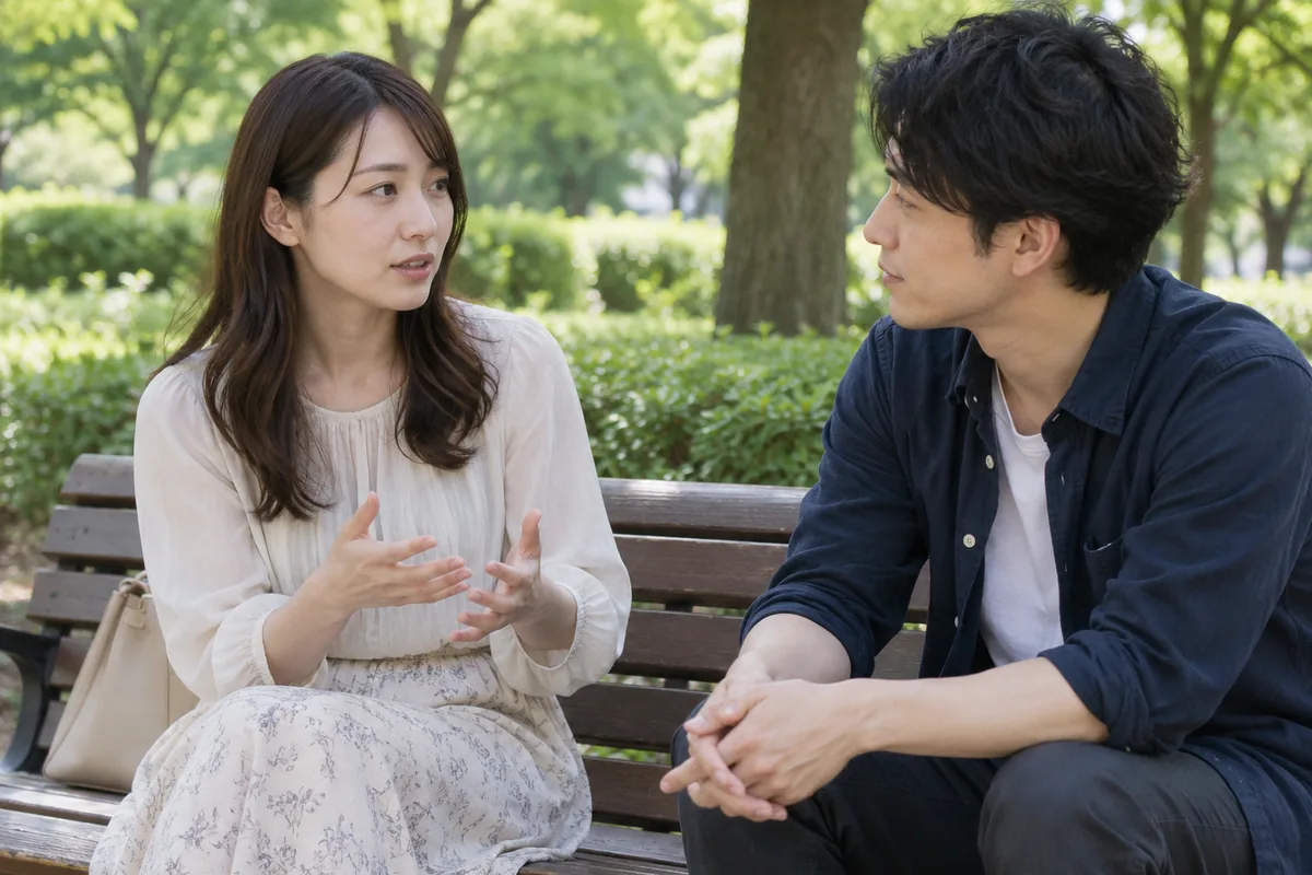 公園で交際への希望を落ち着いて話す男女
