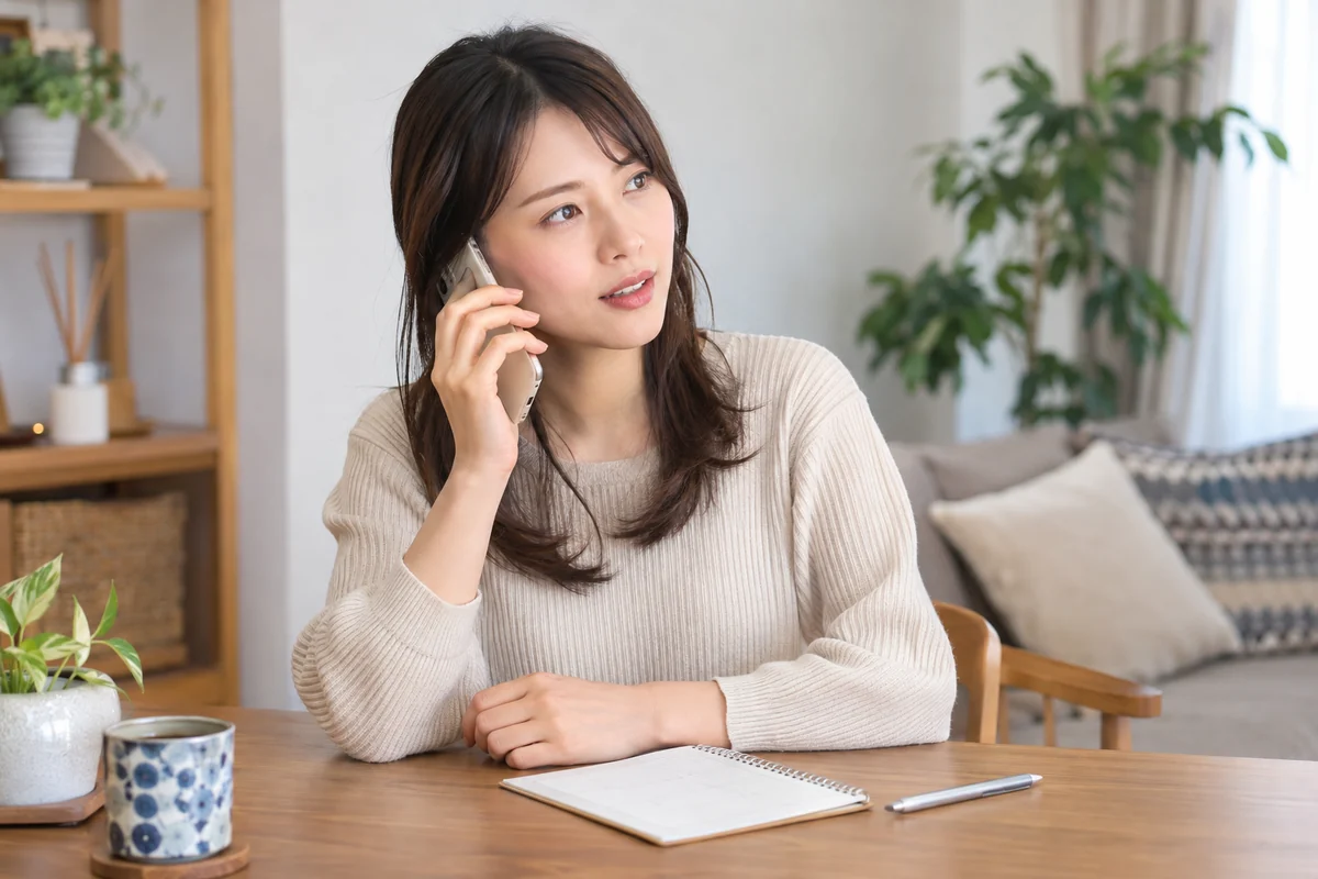 予定を確認しながら電話をかける女性の写真調イメージ