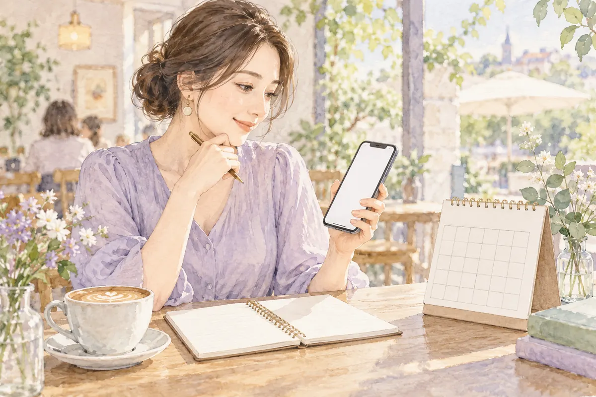予約画面とメモを見て相談の準備をする女性