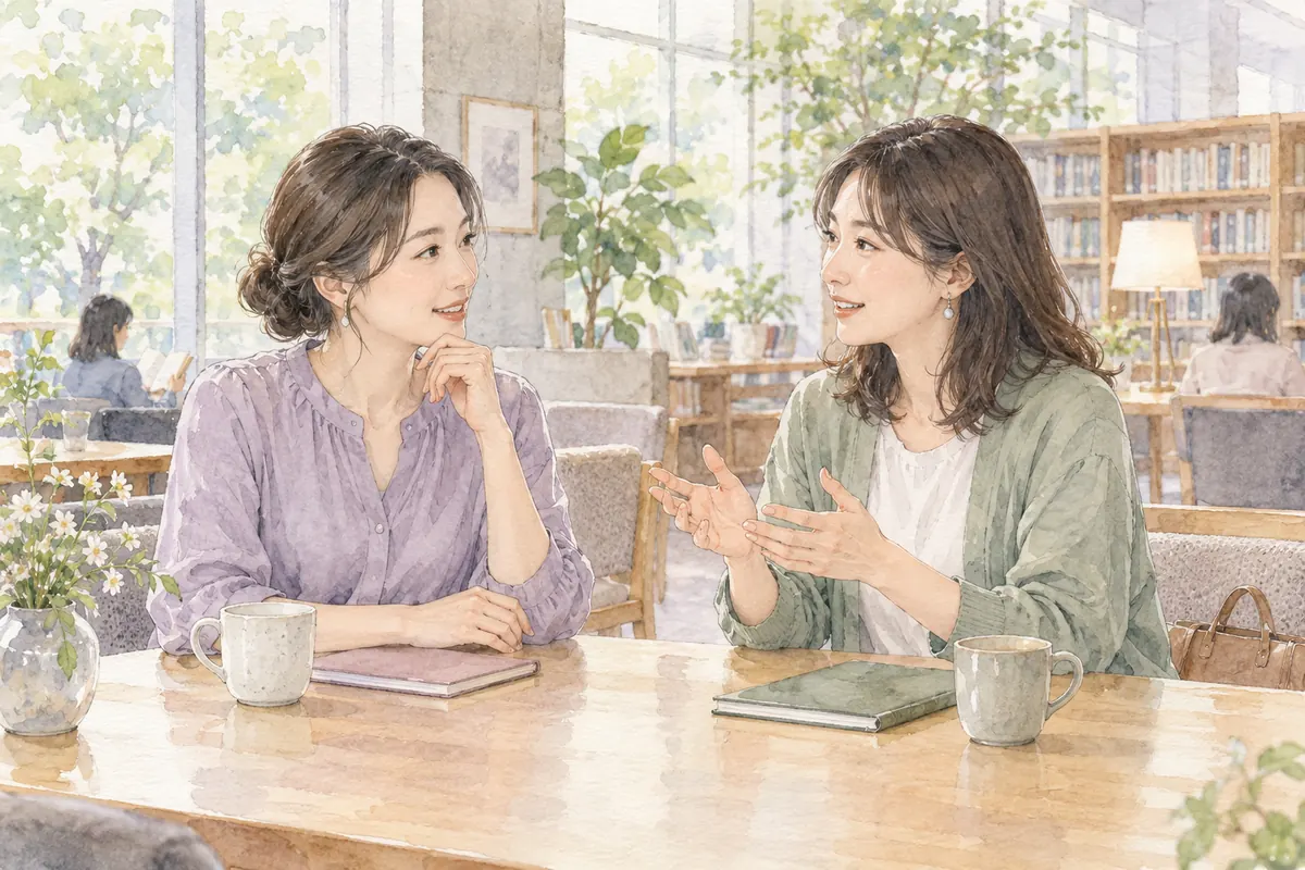 予約前の疑問を落ち着いて話し合う二人の女性