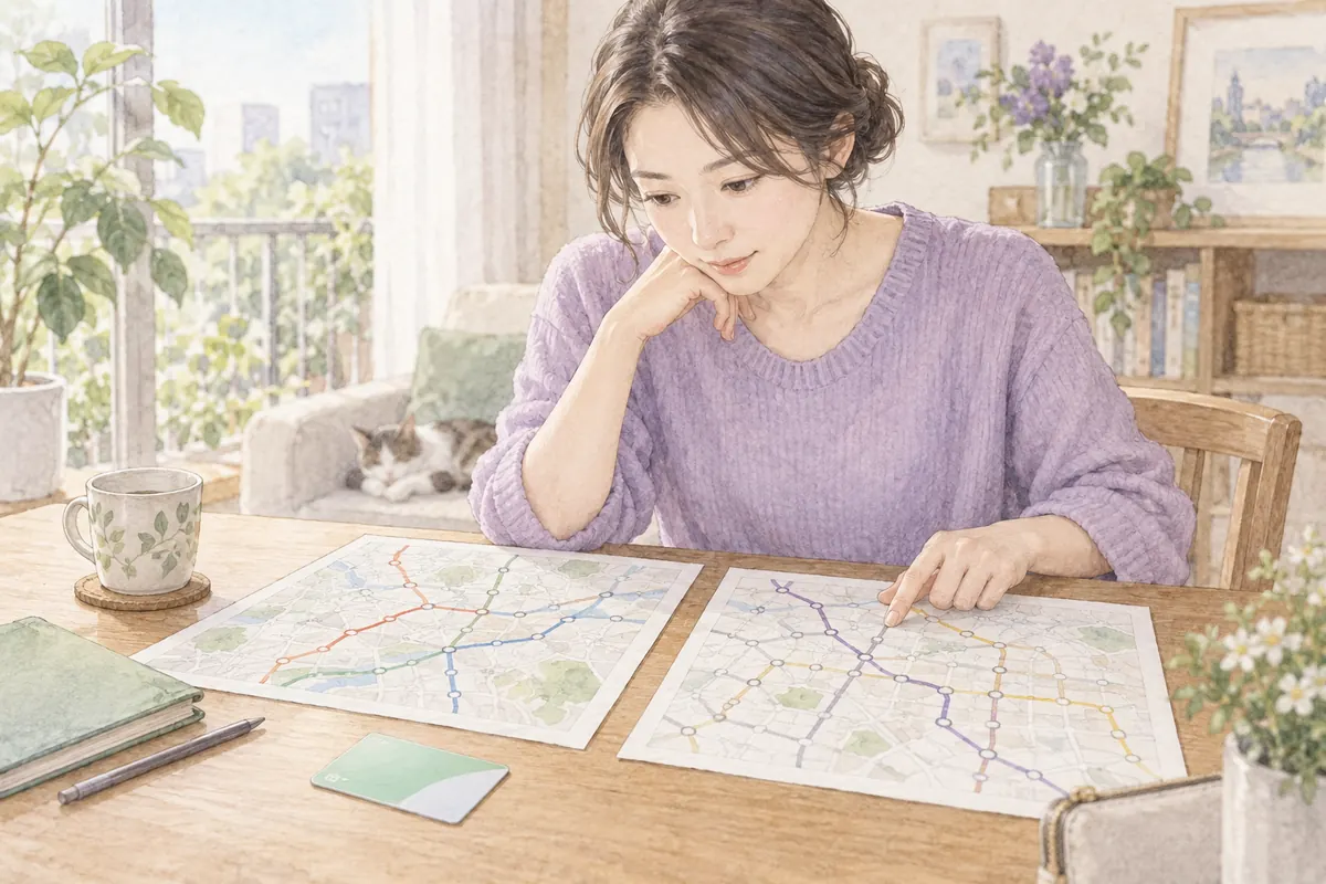 駅からの行き方を比べて相談先の場所を選ぶ女性