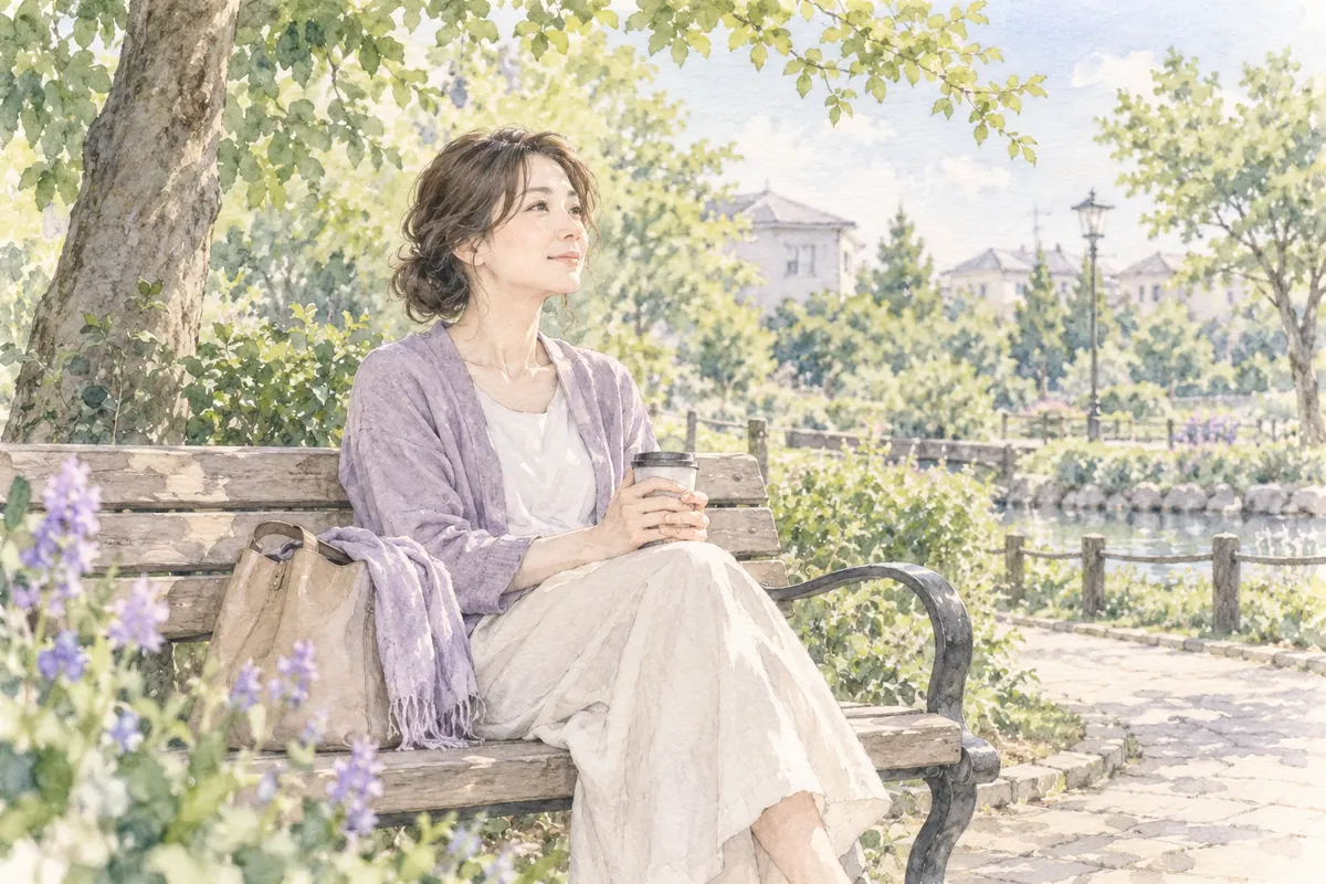 静かな公園で自分の考えを振り返る女性