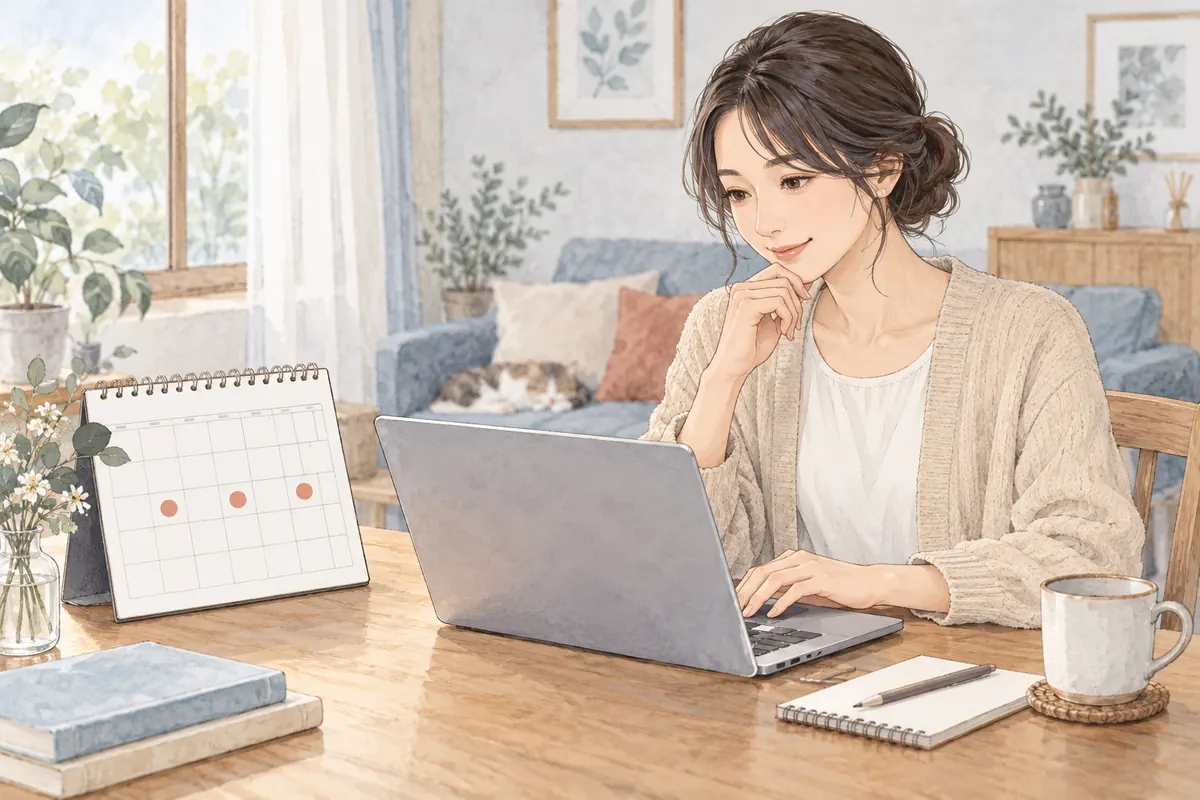 カレンダーで三つの希望日時を考えながら予約内容を準備する女性