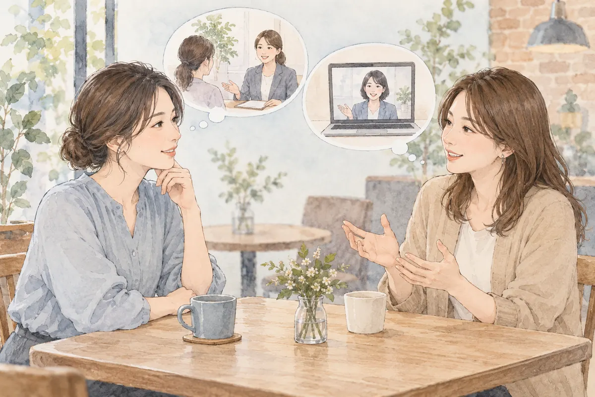 カフェで来店とオンライン相談の違いについて話す二人の女性