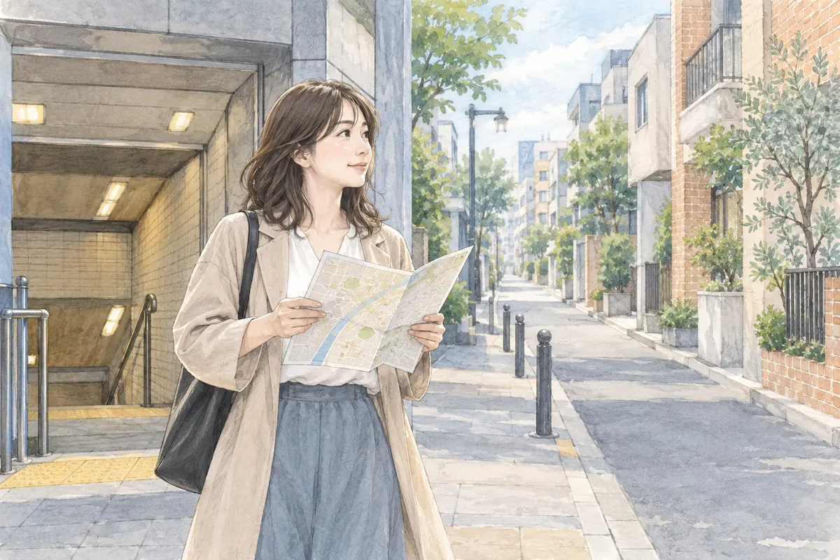 駅を出て地図を見ながら住宅街の相談会場への道を確認する女性