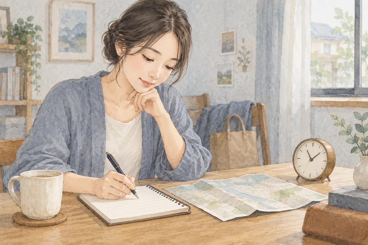 時計と地図をそばに置いて一番聞きたい質問をメモする女性