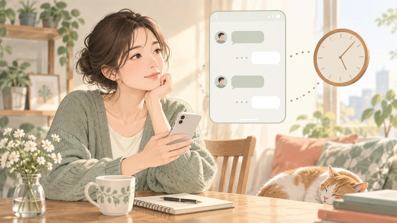 スマートフォンを手に返信を待つ女性と、メッセージと時計のイラスト