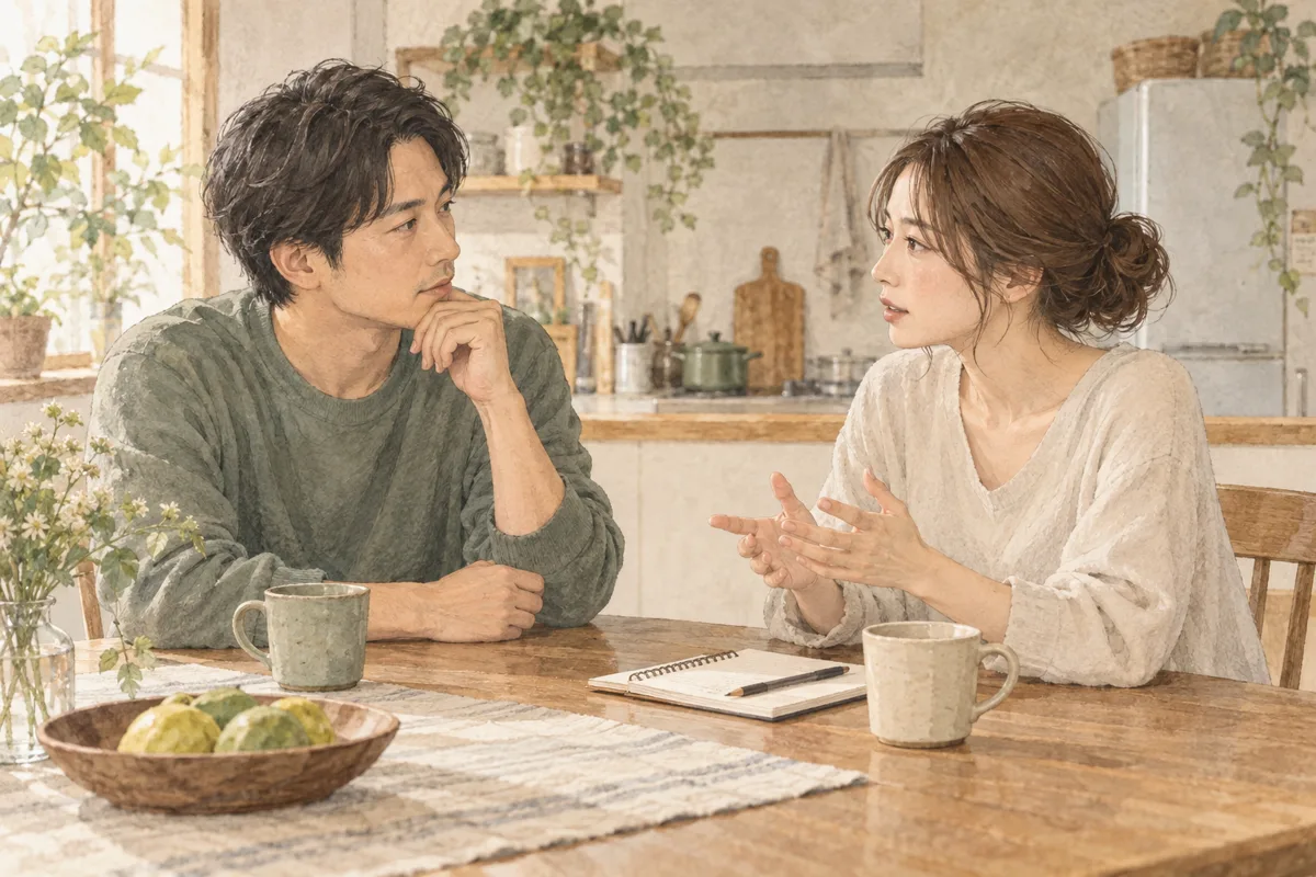 生活の中で感じた不満について落ち着いて話すカップル