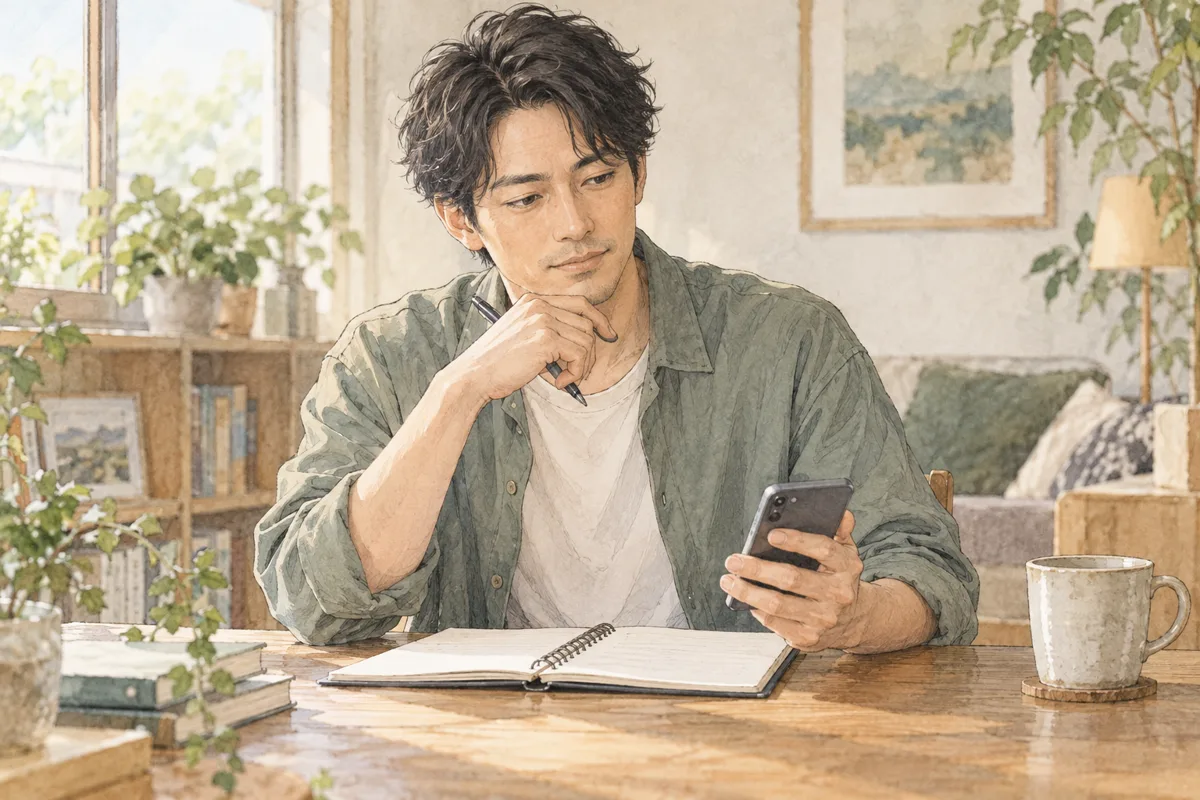 連絡の変化と自分の行動をノートに整理する男性