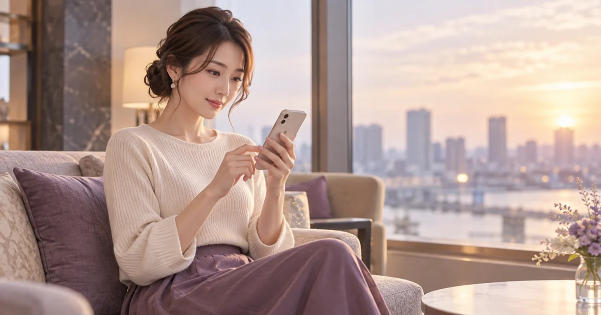 電話占い絆のログイン方法をスマートフォンで確認する女性