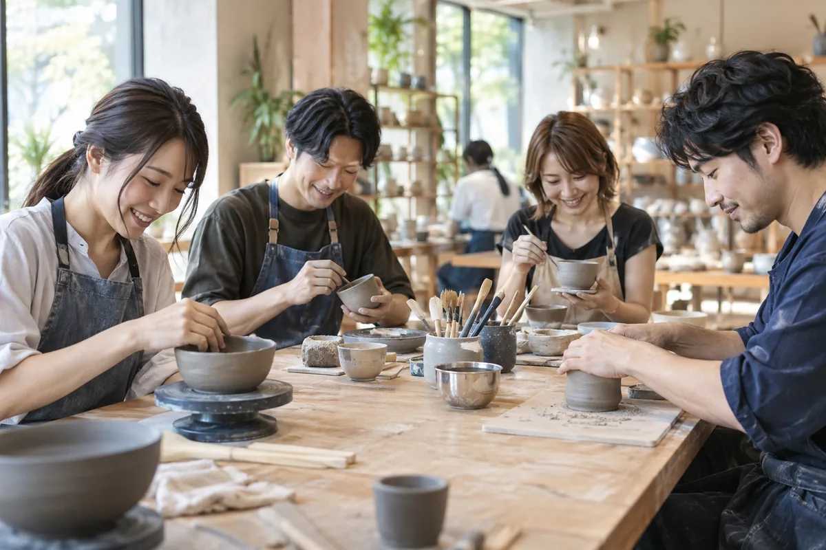 公共のワークショップで各自の作業を楽しむ大人の友人たち