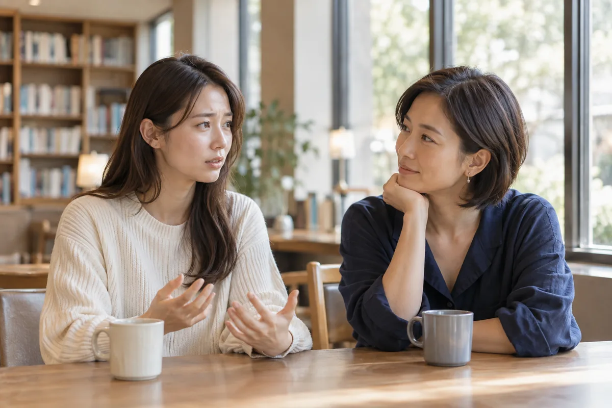 図書館の窓辺で信頼する友人に気になることを話す女性