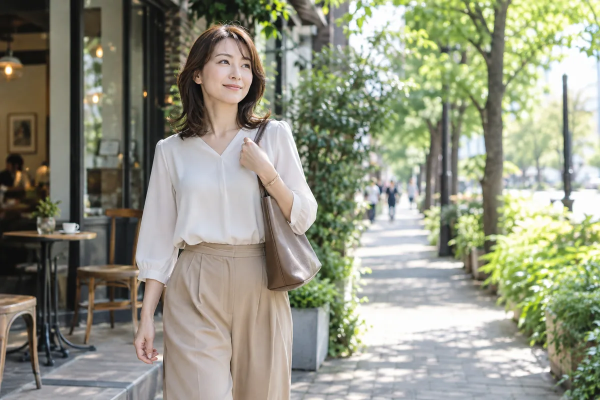 明るい並木道を自分の予定に向かって歩く女性