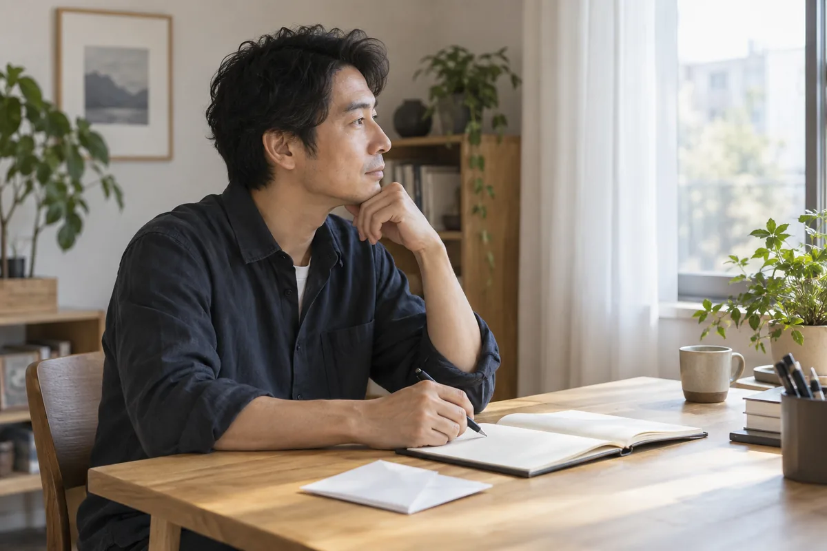 机で自分の予定と再会の目的を考える男性