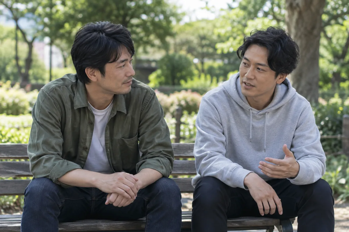 公園で友人と落ち着いて話す男性