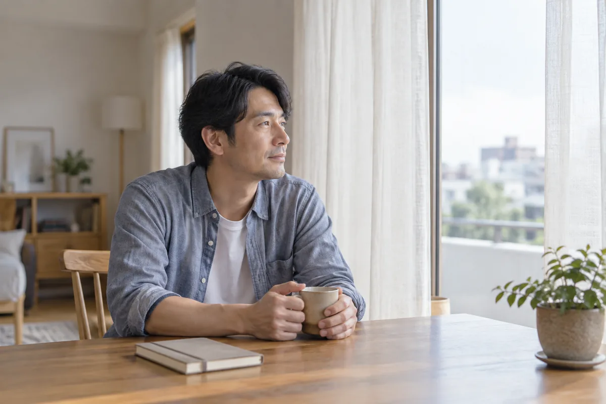 窓辺で昔の恋人との再会について考える男性