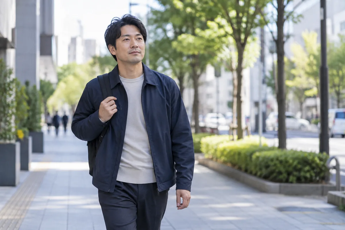 今の生活を考えながら街を歩く男性